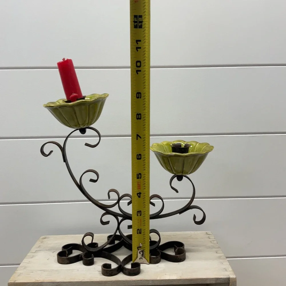 Vintage Wrought Iron Scroll Candelabra Chartreuse Green Ceramic Flower Basins